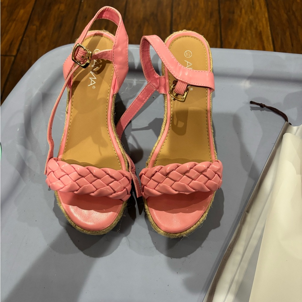 Anna Pink Woven Wedges with Ankle Strap